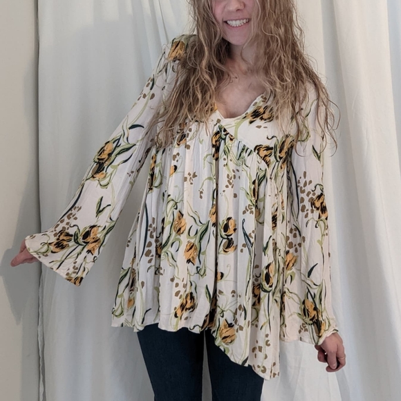 Free People Floral Bell Sleeve Tunic Top Blouse - Picture 3 of 5